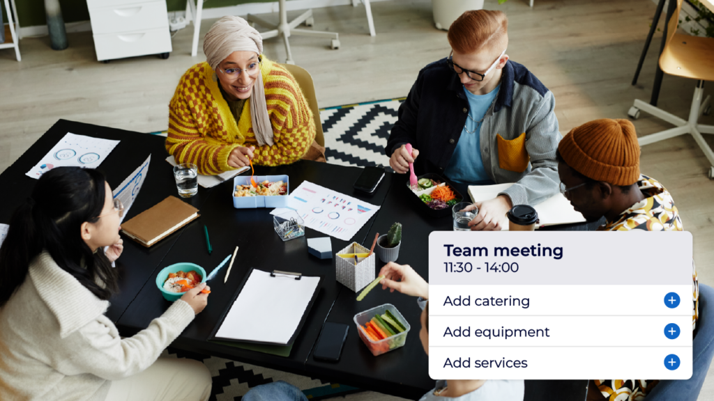 Lunch time team meeting being held. Showing the option to add catering and other resources to a meeting room booking within Matrix Booking meeting rooms booking system.