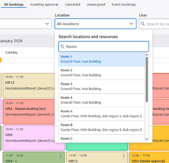 Screen showing searches for locations and resources
