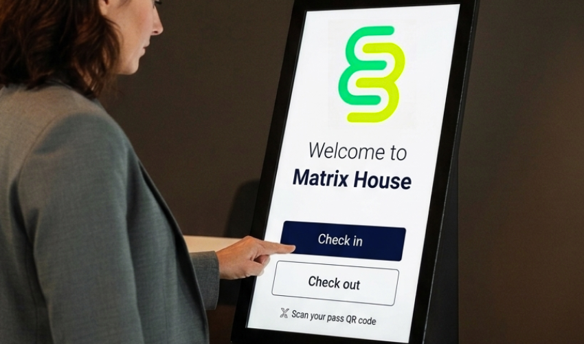 visitor signing in to a welcome screen at an office.